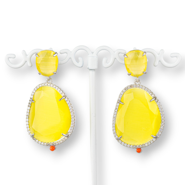 Boucles D'oreilles Tiges Oeil De Chat En Bronze Serties De Zircons Jaunes Plaqués Rhodium 24x52mm