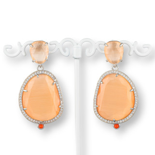 Bronze Stud Earrings With Cat's Eye Set With Zircons 24x52mm Rhodium Plated Peach