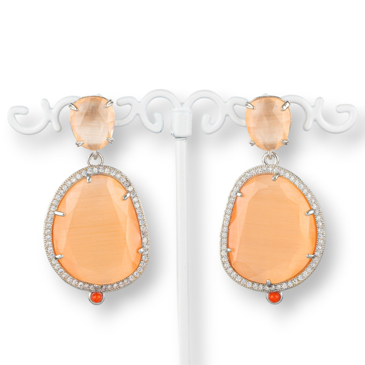 Juego de aretes de bronce ojo de gato con circonitas rodiadas de 24x52 mm color melocotón