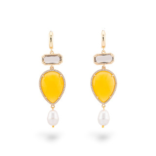 Bronze Stud Earrings With Cat's Eye Element And Drops With Zircons And Majorcan Pearls 20x72mm Mustard