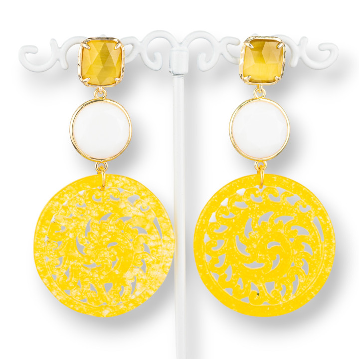 Bronze Stud Earrings with Cat's Eye and Burmese Jade 35x68mm Yellow White