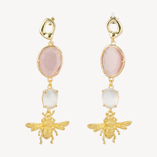 Boucles D'oreilles Tiges Bronze Oeil De Chat Incrusté Et Abeilles Moulées 28x76 mm Poudre Blanche