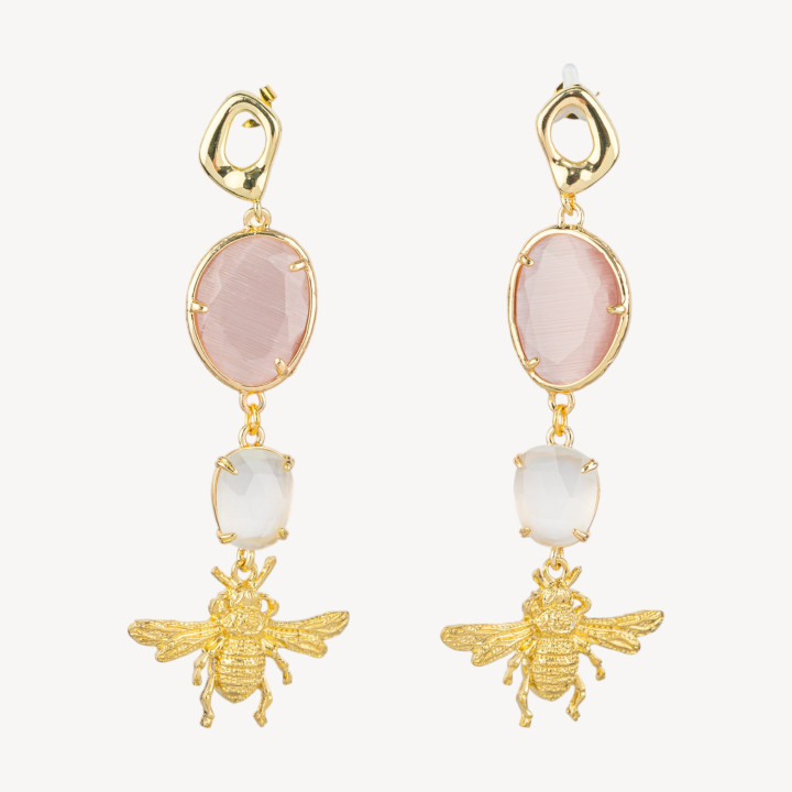Bronze Stud Earrings with Embedded Cat's Eye and Microcast Bees 28x76mm Powder White