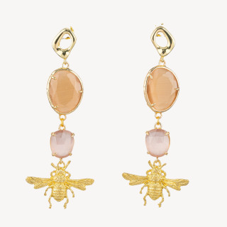 Aretes de bronce con ojo de gato incrustado y abejas fundidas 28x76 mm polvo marrón