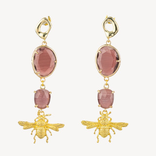 Boucles D'oreilles Tiges Bronze Oeil De Chat Incrusté Et Abeilles Microfusionnées 28x76 mm Bordeaux