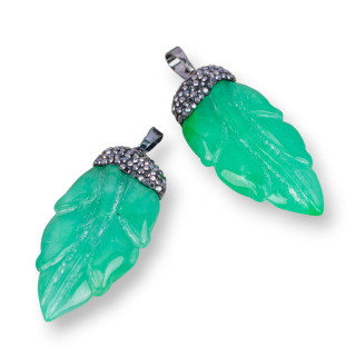Composant pendentif feuille de jade de Birmanie gravé à la main avec marcassite Strass 4pcs