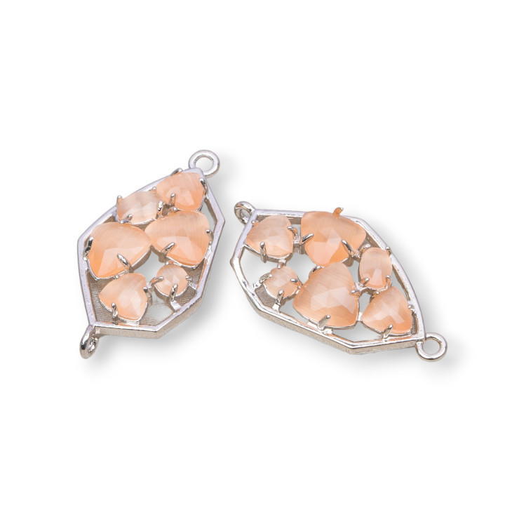 Connecteur de Composants en Laiton de Forme Irrégulière avec Oeil de Chat Intégré 18x28mm 6pcs Pêche Plaqué Rhodium