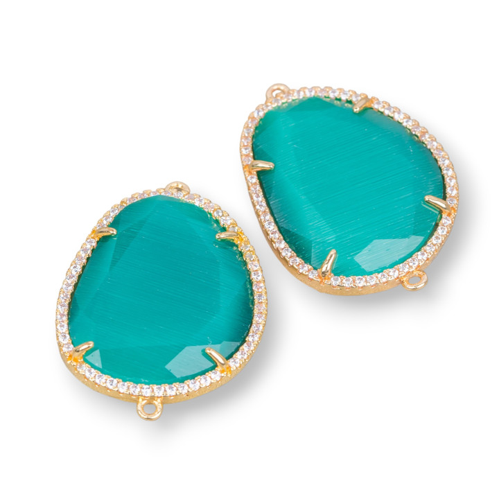 Conector Componente Mango Latón Con Ojo De Gato Facetado Y Circonitas 24x29mm Con 2 Anillos 6pzs Esmeralda Verde Dorada