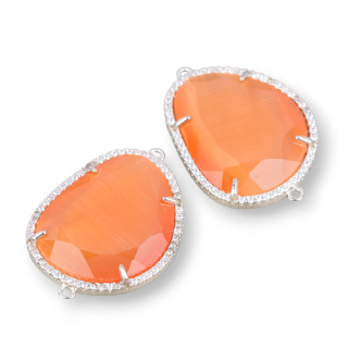 Connettore Componente Di Ottone A Mango Con Occhio Di Gatto Sfaccettato E Zirconi 24x29mm Con 2 Anellini 6pz Rodiato Arancio