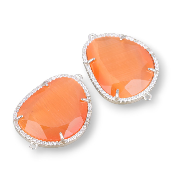 Mango-Messing-Komponentenverbinder mit facettiertem Katzenauge und Zirkonen, 24 x 29 mm, mit 2 Ringen, 6 Stück, orange, Rhodium