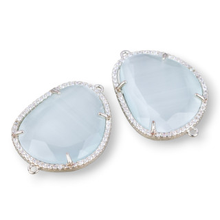 Conector Componente Mango Latón Con Ojo De Gato Facetado Y Circonitas 24x29mm Con 2 Anillos 6pzs Rodiada Blanco