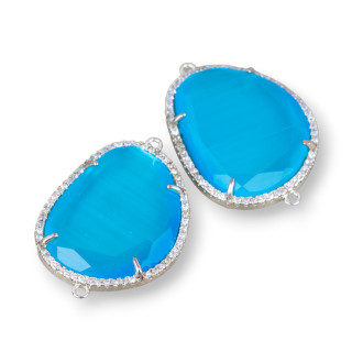 Mango-Messing-Komponentenverbinder mit facettiertem Katzenauge und Zirkonen 24 x 29 mm mit 2 Ringen 6 Stück Rhodium Hellblau