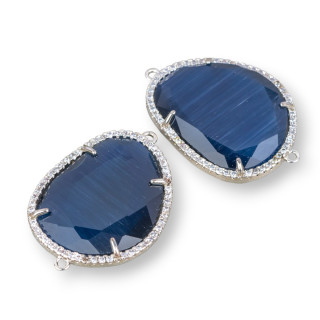 Mango Brass Component Connector with Faceted Cat's Eye and Zircons 24x29mm with 2 Rings 6pcs Rhodium-Plated Sapphire Blue
