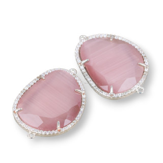 Mango Brass Component Connector With Faceted Cat's Eye And Zircons 24x29mm With 2 Rings 6pcs Rhodium-plated Powder