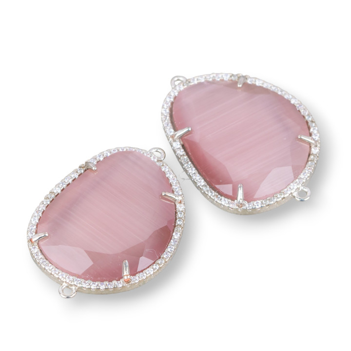 Mango Brass Component Connector With Faceted Cat's Eye And Zircons 24x29mm With 2 Rings 6pcs Rhodium-plated Powder