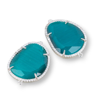 Mango Brass Component Connector With Faceted Cat's Eye And Zircons 24x29mm With 2 Rings 6pcs Rhodium-plated Smer Green