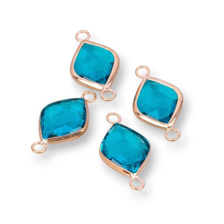 Verbindungsstück aus Messing, Rhombus mit Kristallen, Set 14 x 18 mm, 10 Stück, Roségold, Blaugrün