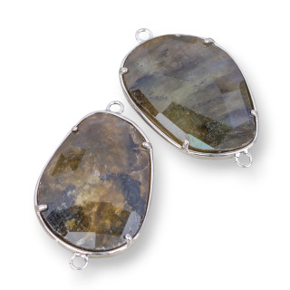 Connecteur Composant Laiton Avec Labradorite Sertie Cabochon 23x33mm Avec 2 Anneaux 6pcs Rhodium