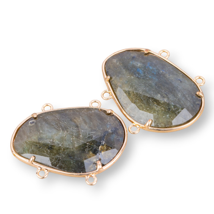 Verbindungsstück aus Messing mit Labradorit-Set, Cabochon, 23 x 33 mm, mit 4 Ringen, 6 Stück, golden