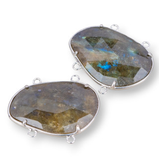 Connecteur Composant Laiton Avec Cabochon Labradorite Set 23x33mm Avec 4 Anneaux 6pcs Rhodium