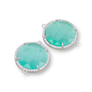 Brass Component Connector with Cat's Eye Set and Zircons 20mm 6pcs Rhodium-Plated Aqua Green