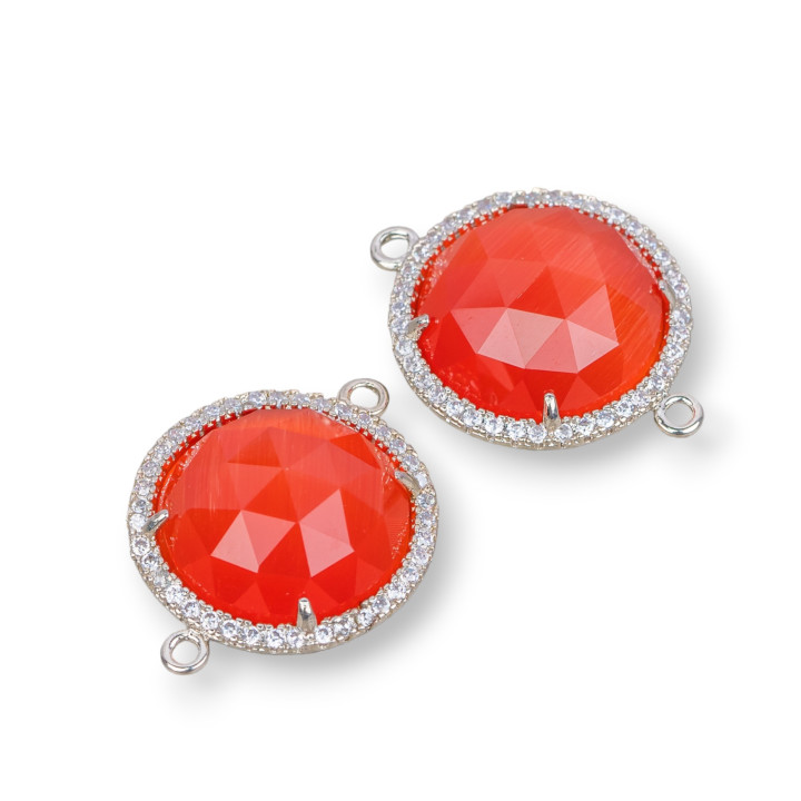 Messing-Komponentenverbinder mit eingebettetem Katzenauge und runden Zirkonen, 19 mm, Dicke, 7 mm, 6 Stück, intensiv orangefarbe