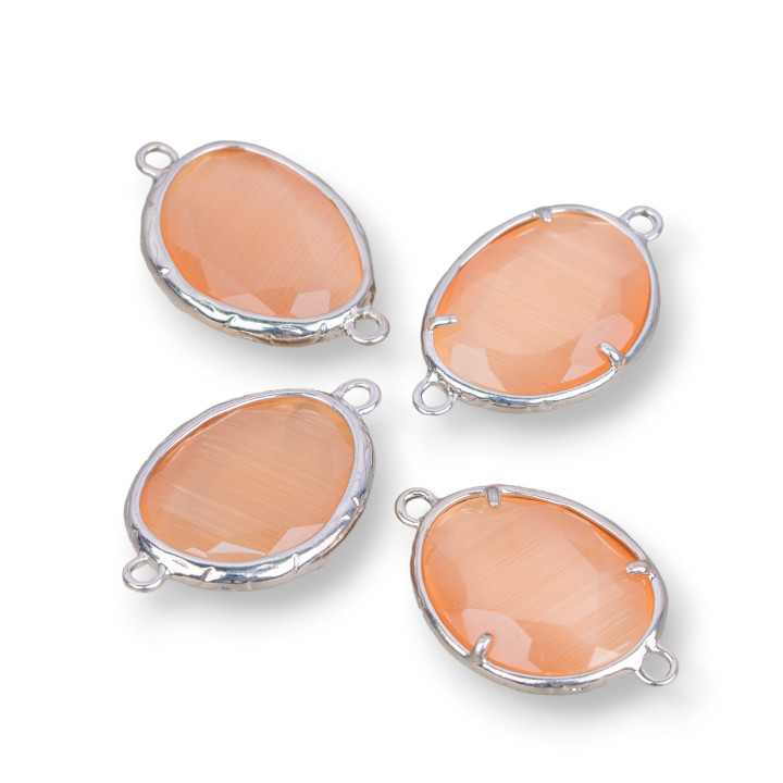 Connettore Componente Di Ottone Con Occhio Di Gatto Incastonati Irregolare 15x20mm 2 Anellini 10pz Rodiato Pesca