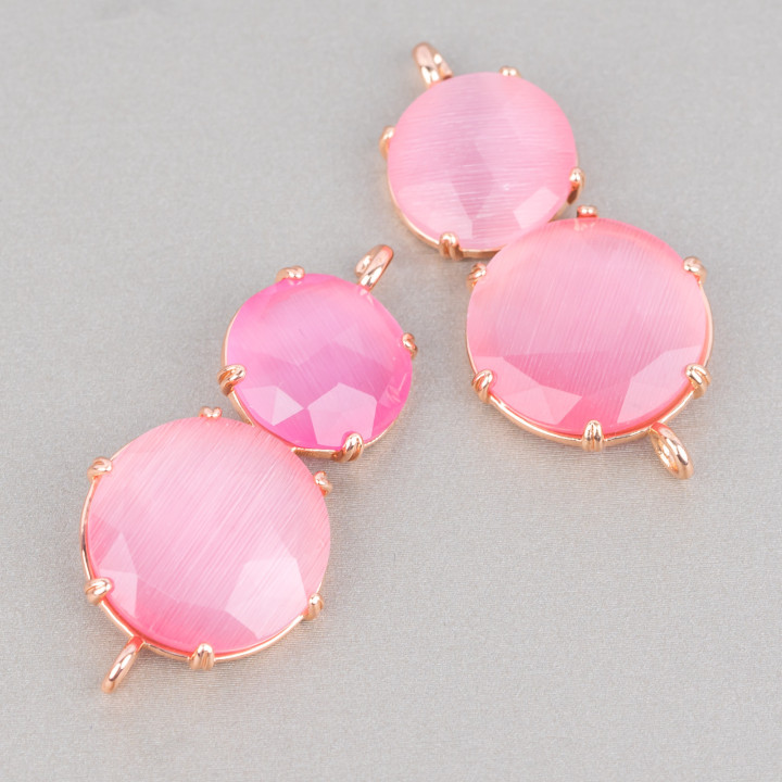 Brass Component Connector With Cat's Eye Set 20x40mm 6pcs Rose Gold Fuchsia