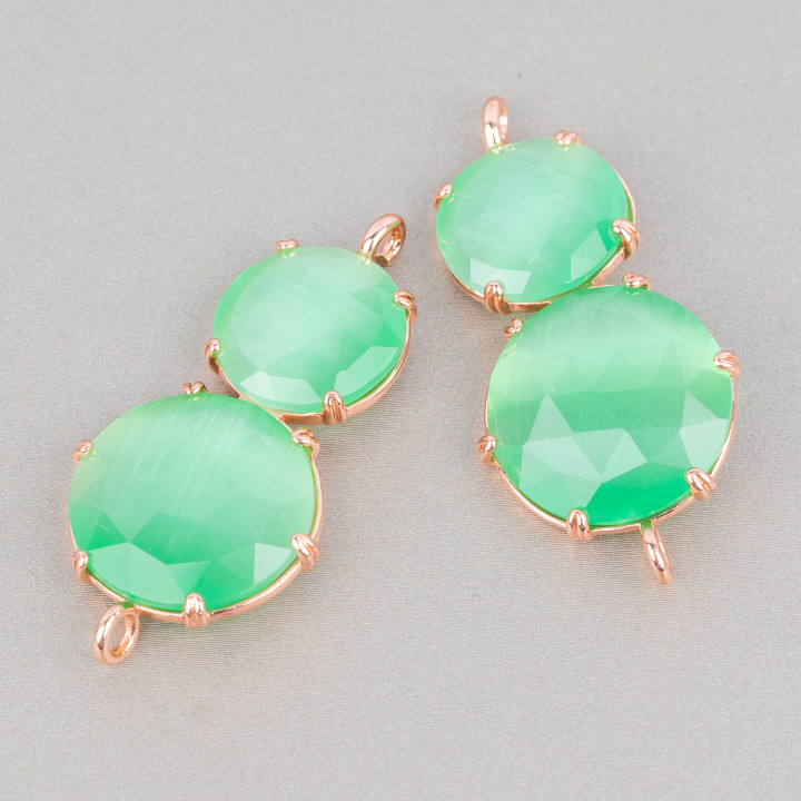 Brass Component Connector with Cat's Eye Set 20x40mm 6pcs Rose Gold Light Green
