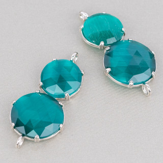 Brass Component Connector with Cat's Eye Embedded 20x40mm 6pcs Rhodium Plated Emerald Green
