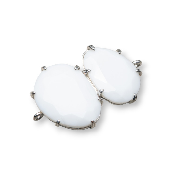 Connecteur Composant Laiton Avec Oeil de Chat Intégré 22x35mm 6pcs Agate Blanche Plaqué Rhodium