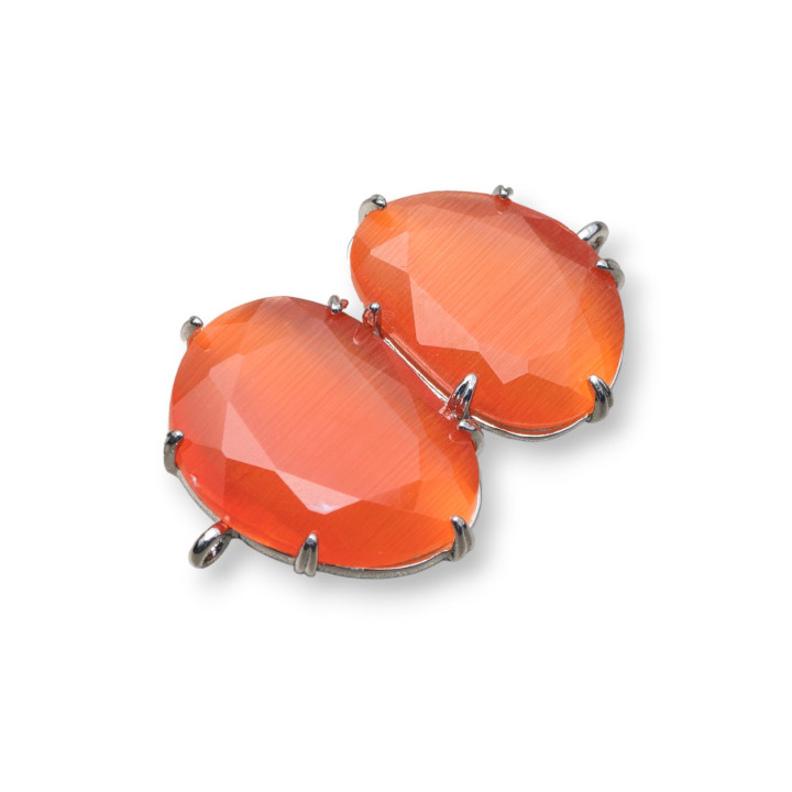 Brass Component Connector with Cat's Eye Embedded 22x35mm 6pcs Rhodium Plated Orange