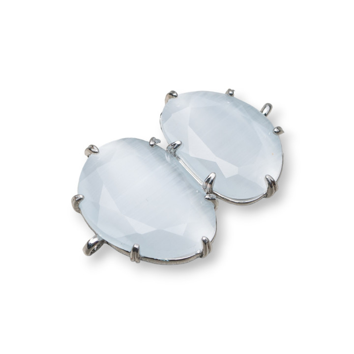 Connettore Componente Di Ottone Con Occhio Di Gatto Incastonato 22x35mm 6pz Rodiato Bianco Trasparente