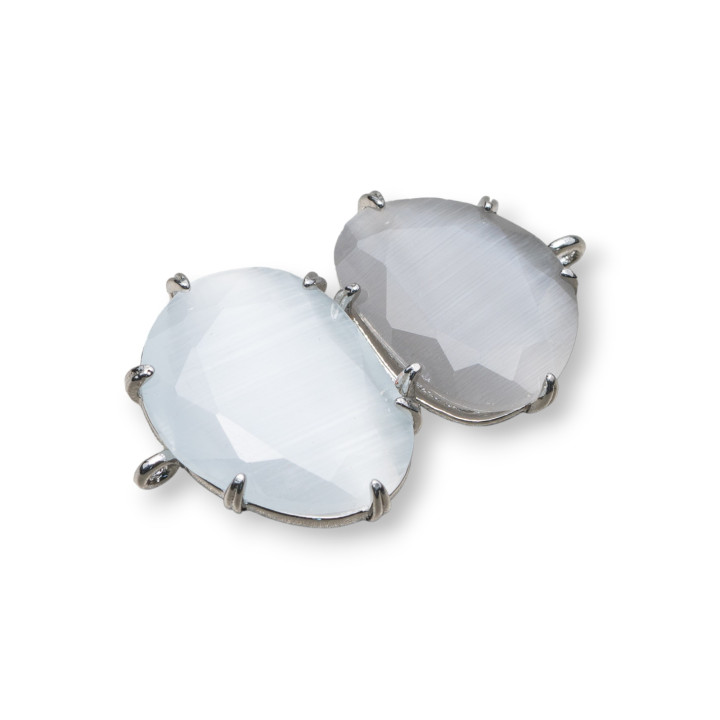 Connettore Componente Di Ottone Con Occhio Di Gatto Incastonato 22x35mm 6pz Rodiato Bianco-Grigio