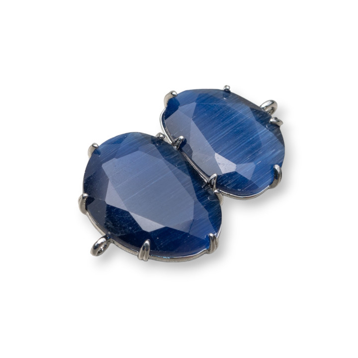 Brass Component Connector With Cat's Eye Embedded 22x35mm 6pcs Rhodium Plated Blue