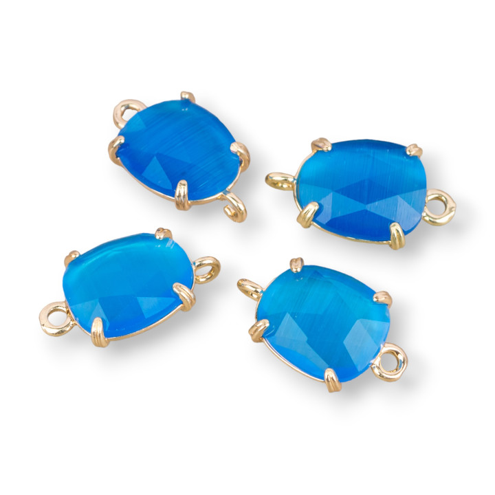 Brass Component Connector With Faceted Cat's Eye 11x17mm 16pcs Light Blue