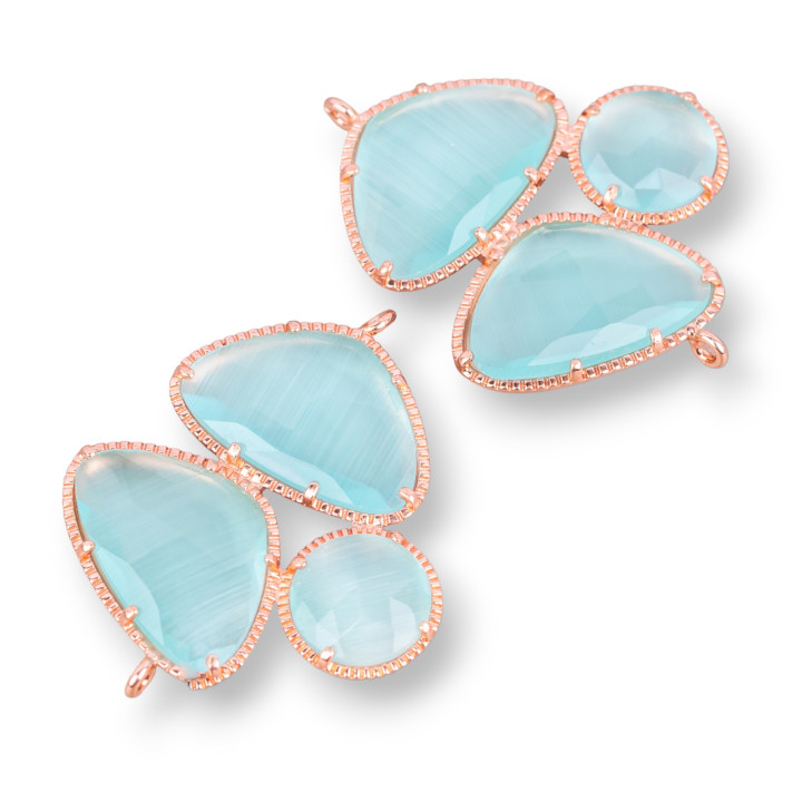 3 Stein facettierte Cat Eye Messing Komponentenverbinder mit 2 Ringen 34x42mm 3pcs Rose Gold Aqua