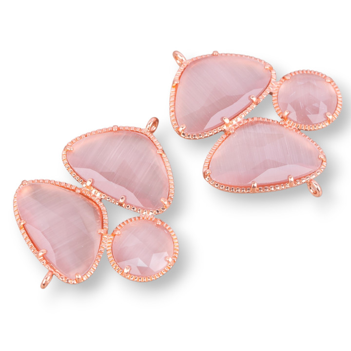3 Stein facettierte Katzenaugen-Messing-Komponentenverbinder mit 2 Ringen 34 x 42 mm 3 Stück Roségold-Pulver