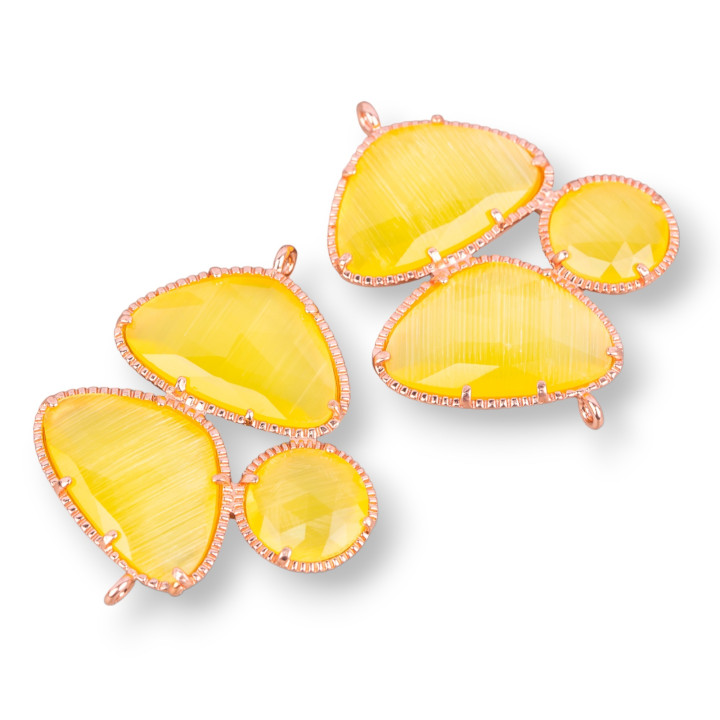 Connettore Componente Di Ottone Con Occhio Di Gatto Sfaccettato A 3 Pietre Con 2 Anellini 34x42mm 3pz Oro Rosa Giallo
