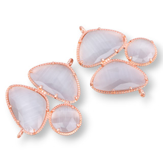 Brass Component Connector with 3 Stone Faceted Cat's Eye with 2 Rings 34x42mm 3pcs Rose Gold Gray