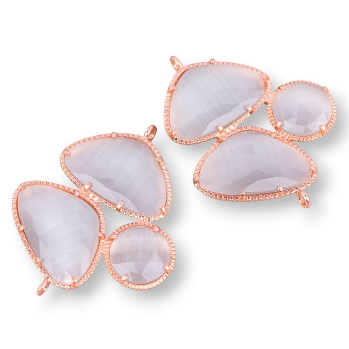 3 Stein facettierte Cat Eye Messing Komponentenverbinder mit 2 Ringen 34x42mm 3St Rose Gold Grey