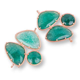 Conector de componente de latón de ojo de gato facetado de 3 piedras con 2 anillos 34x42 mm 3 piezas Oro rosa verde