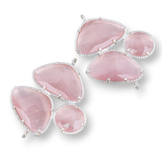 Brass Component Connector With Cat's Eye Faceted 3 Stones With 2 Rings 34x42mm 3pcs Rhodium Plated Powder