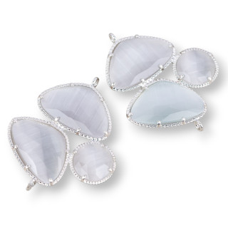Brass Component Connector with 3 Stone Faceted Cat's Eye with 2 Rings 34x42mm 3pcs Rhodium Plated Gray