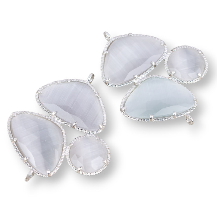 Brass Component Connector with 3 Stone Faceted Cat's Eye with 2 Rings 34x42mm 3pcs Rhodium Plated Gray
