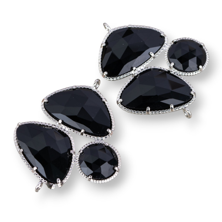 Conector de componente de latón de ojo de gato facetado de 3 piedras con 2 anillos 34x42mm 3pcs Rodio negro