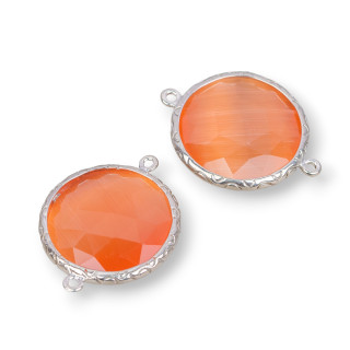 20mm Round Cat's Eye Brass Component Connector with 2 Rings 10pcs Rhodium Plated Peach