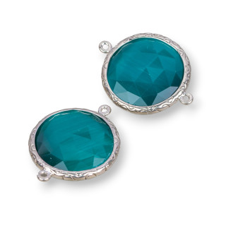 20mm Round Cat's Eye Brass Component Connector with 2 Rings 10pcs Rhodium Plated Emerald Green