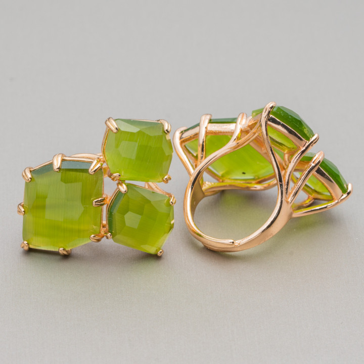 Bague Bronze Oeil De Chat 30x38mm Taille Ajustable Doré Vert Clair