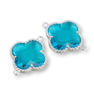 Connettore Componente Di Ottone Con Cristalli Occhio Di Gatto Incastonati Quadrifoglio 18x24mm 10pz Rodiato Blu Chiaro